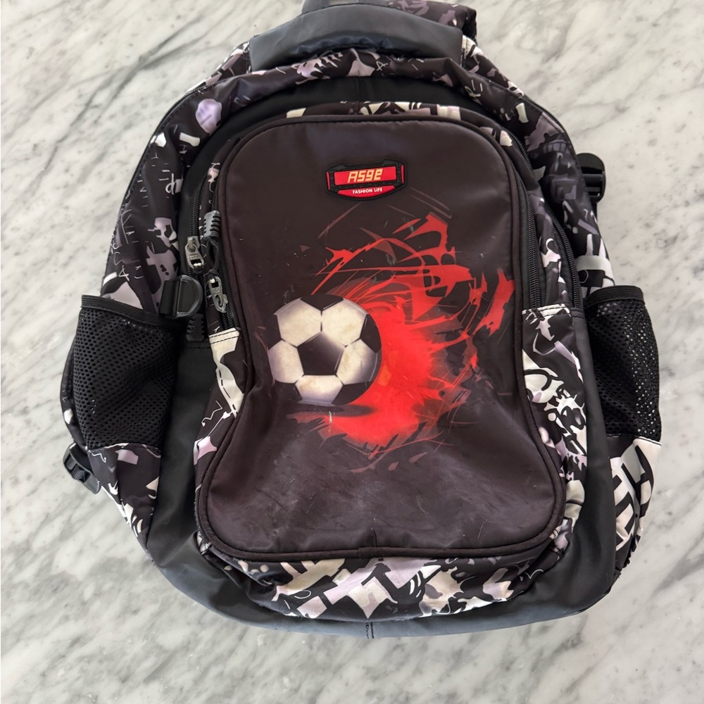 Soccer Themed Kids Backpack - Black and Red School
